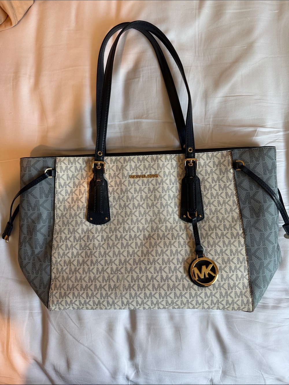 Michael Kors Two-Tone Logo Tote in Beige and Black